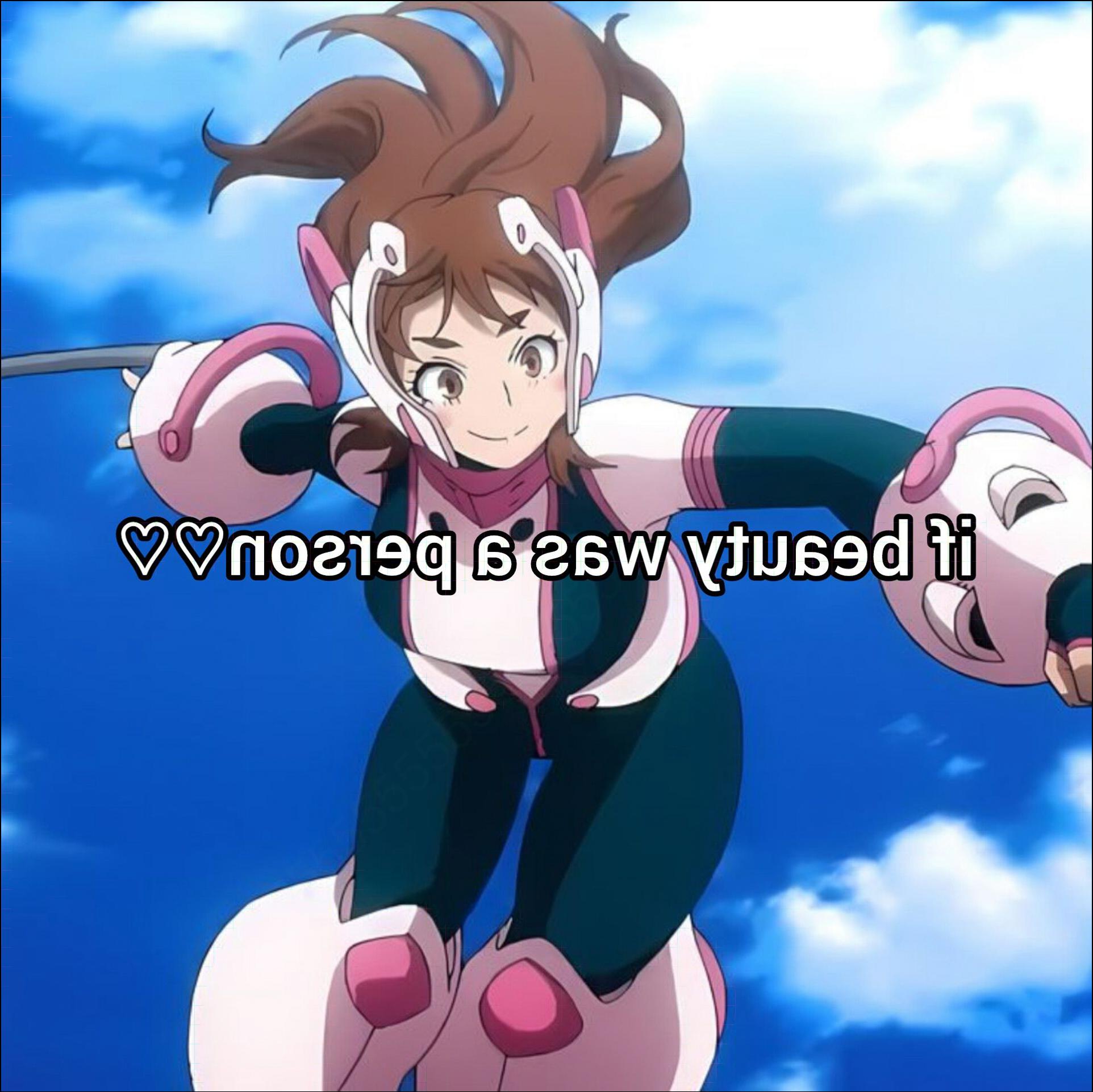 An anime-style female character with brown hair, wearing a pink and white outfit and helmet, holds a sword-like object against a blue sky with clouds. The text "if beauty was a person" is superimposed on the image.