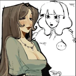 a painting of a woman with a cat on her head