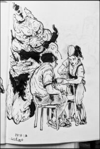 A black and white ink drawing depicts a scene in a sketchbook. A large, horned creature looms over a seated man and woman. The man holds a small object, while the woman gestures towards him. The drawing is signed "4 2023 Dai", indicating the date and artist.