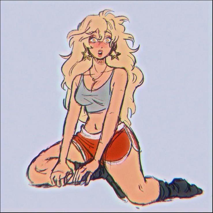 a woman is posing for a picture with a painting