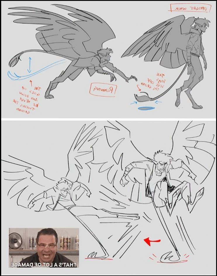Two sketches depict a winged character performing a running motion. The top sketch shows the character mid-stride with wings extended, while the bottom sketch shows the character in motion with wings extended and kicking up dust. Text annotations in the top sketch indicate "Running" and "Upright Walk." A caption below the bottom sketch reads "THAT'S A LOT OF DAMAGE."