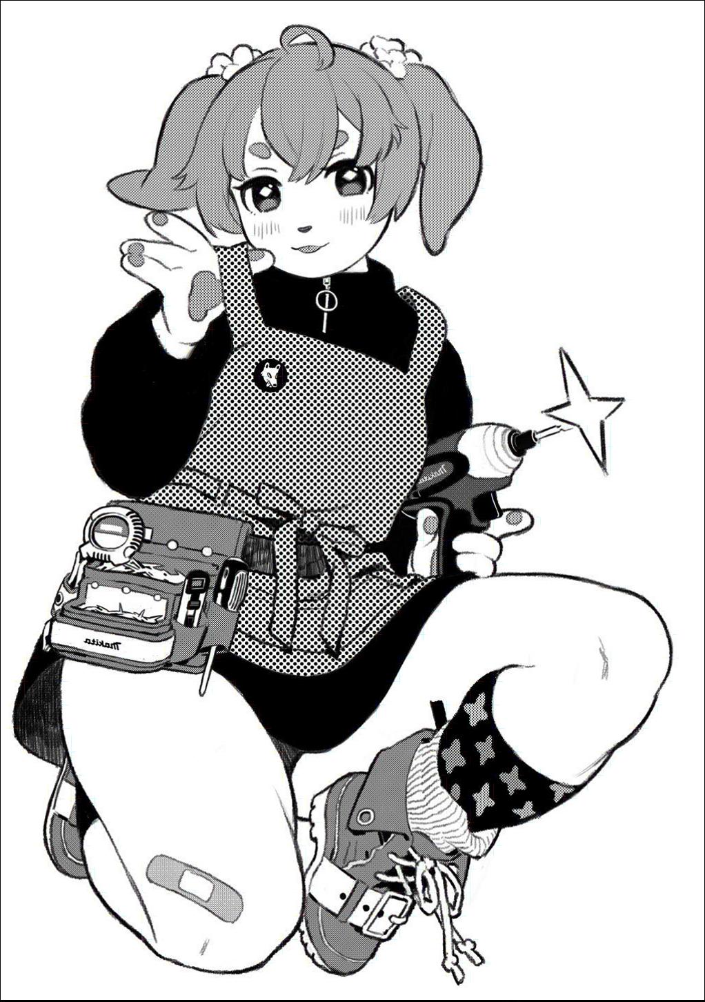A black and white drawing depicts a girl with pigtails, wearing a patterned vest and shorts. She holds a drill and toolkit, pointing towards the viewer with a bandage on her left knee. She wears patterned socks and laced shoes.