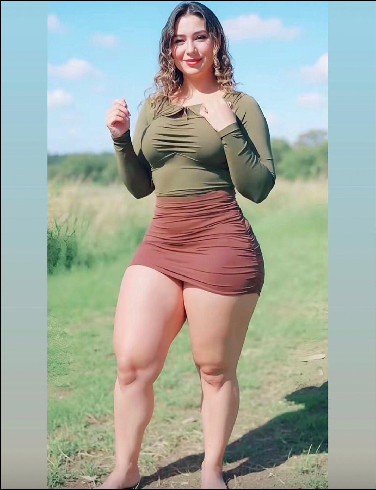 a woman in a red shirt and black shorts standing on a grass field