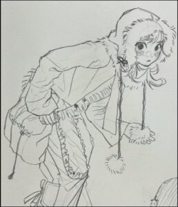 A black and white sketch depicts a young girl wearing a hooded coat with fur trim, a scarf, and pom-poms. She is bent forward, holding something in her left hand, and appears to be looking off to the side.