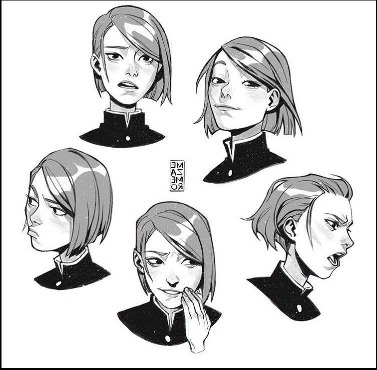Five black and white character portraits depict a young woman with short, angled hair, wearing a dark jacket. She displays various facial expressions, including surprise, concern, concern, and open-mouthed yelling.