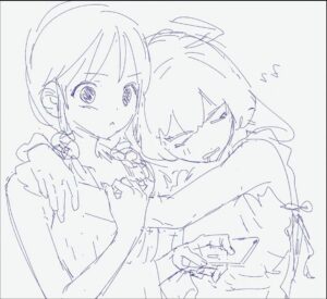 Two female figures are depicted in a sketch-like style. The figure on the left has short hair and appears to be wearing a sleeveless top. The figure on the right has longer hair and is holding a rectangular object. Both figures have expressive faces and appear to be embracing or hugging.