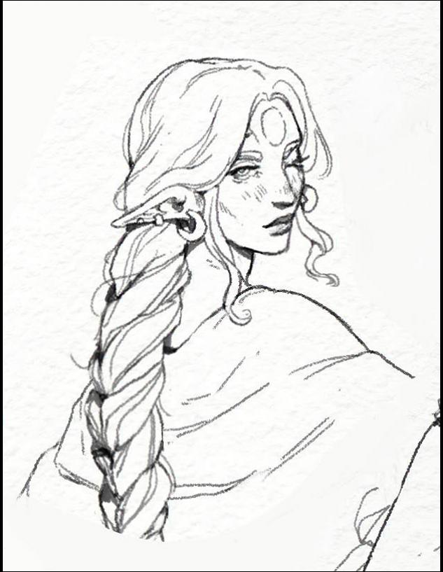 A black and white line drawing depicts a young woman with long, braided hair, wearing pointed ears and a circular mark on her forehead. She wears a draped garment and looks over her shoulder.