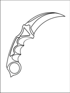 A black and white line drawing depicts a curved blade with a textured grip and a circular opening at the bottom.