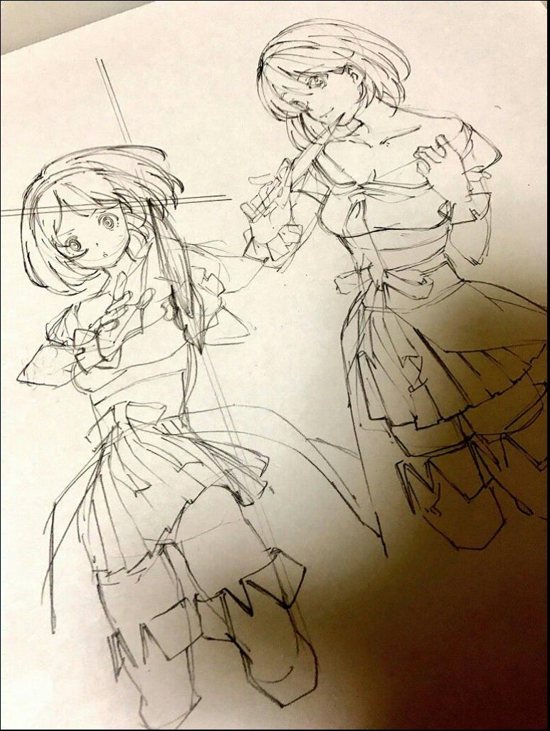 Two sketches of anime-style female characters are shown on lined paper. The left sketch depicts a character with long hair, wearing a dress and holding an object. The right sketch shows a character with shorter hair, also wearing a dress and holding a similar object. Both sketches feature pleated skirts and bows.