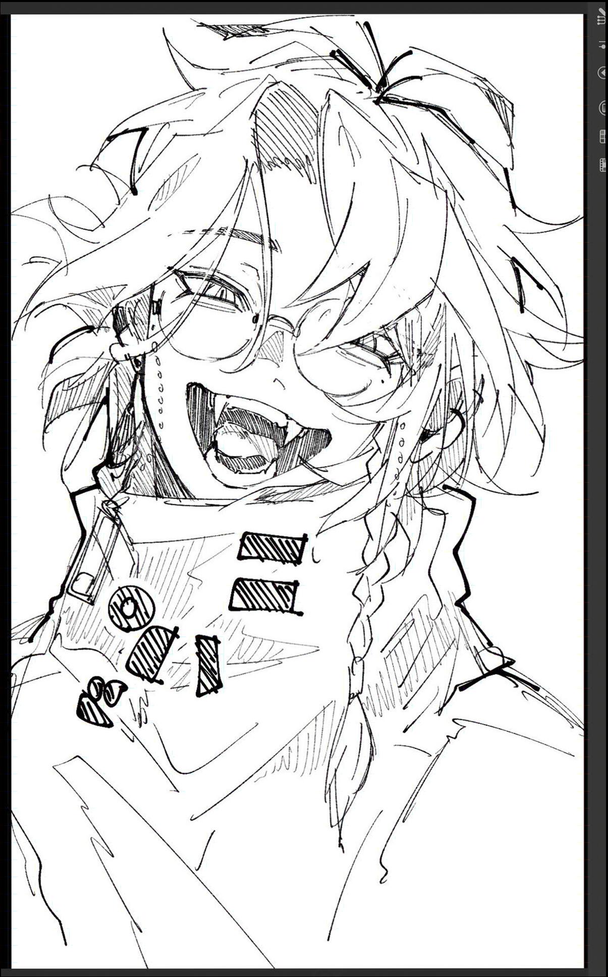 A black and white sketch depicts a character with spiky hair, glasses, and a high collar adorned with circular and rectangular embellishments. The character's mouth is open, revealing teeth, and they are looking directly at the viewer.