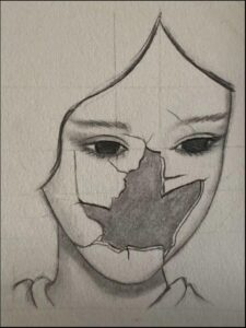 a painting of a woman with a cat on her head