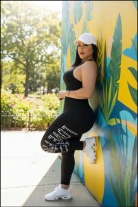 a woman is posing for a picture on a sidewalk