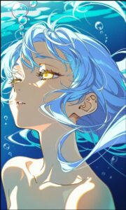 An anime-style illustration depicts a light-skinned female character with light blue hair and golden eyes, underwater. She is positioned against a blue background with bubbles.