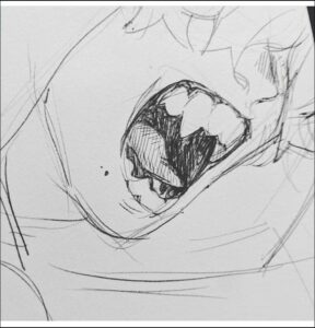 a painting of a man with a black and white striped shirt