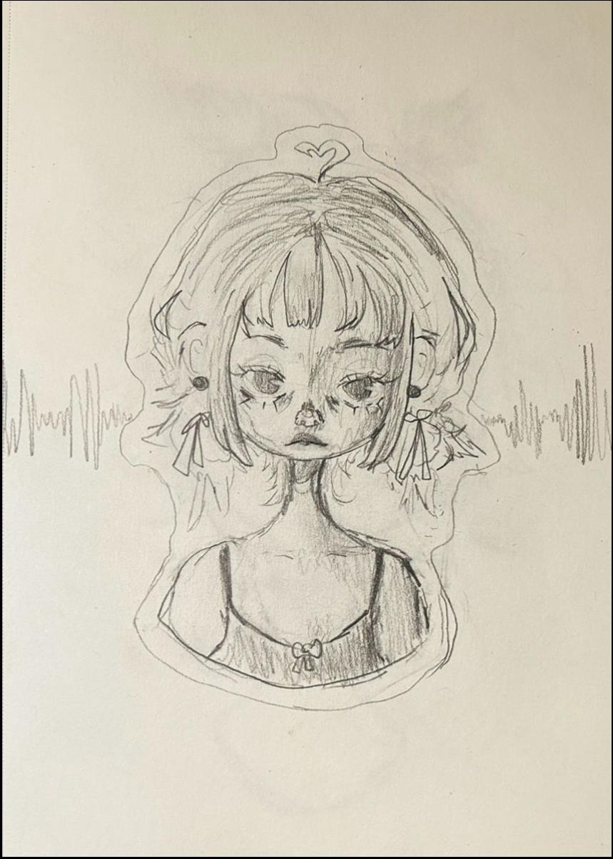 A pencil sketch depicts a stylized female character with short, layered hair, rosy cheeks, and small earrings. She wears a sleeveless top with a bow detail at the neckline. The character's expression is serious, and a faint wave-like pattern is drawn behind her.