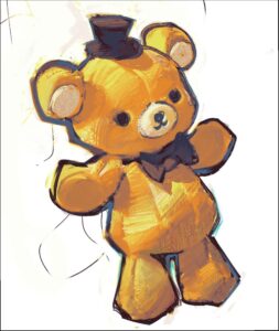 A stylized drawing of a yellow teddy bear wearing a top hat and bow tie. The bear has round ears, a small nose, and a smiling expression. The drawing style is loose and expressive, with visible brushstrokes and color variations.