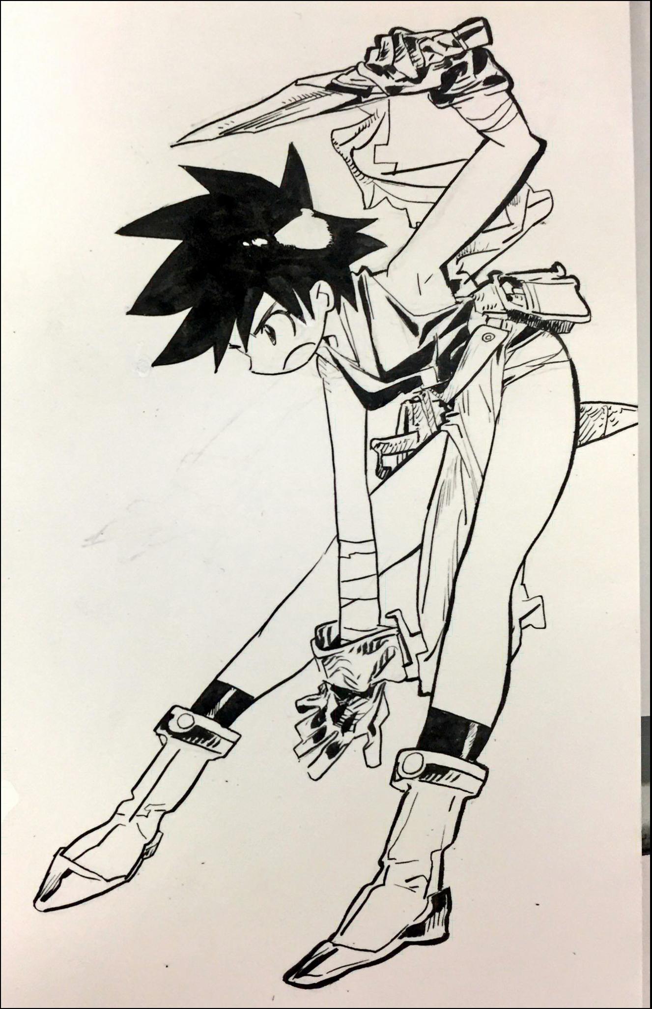 A black and white line drawing depicts a stylized character with spiky hair, wearing a sleeveless top, pants, and boots. The character holds a knife-like object and wears gloves and straps. The character's pose suggests movement or action.
