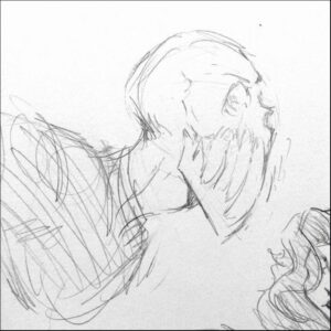 a painting of a person holding a large white object