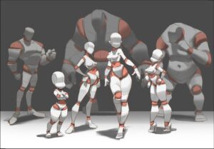 Six stylized female and male figures, rendered in a simplified, geometric style, stand against a gray background. The figures are primarily white with orange accents and exhibit various poses and stances.