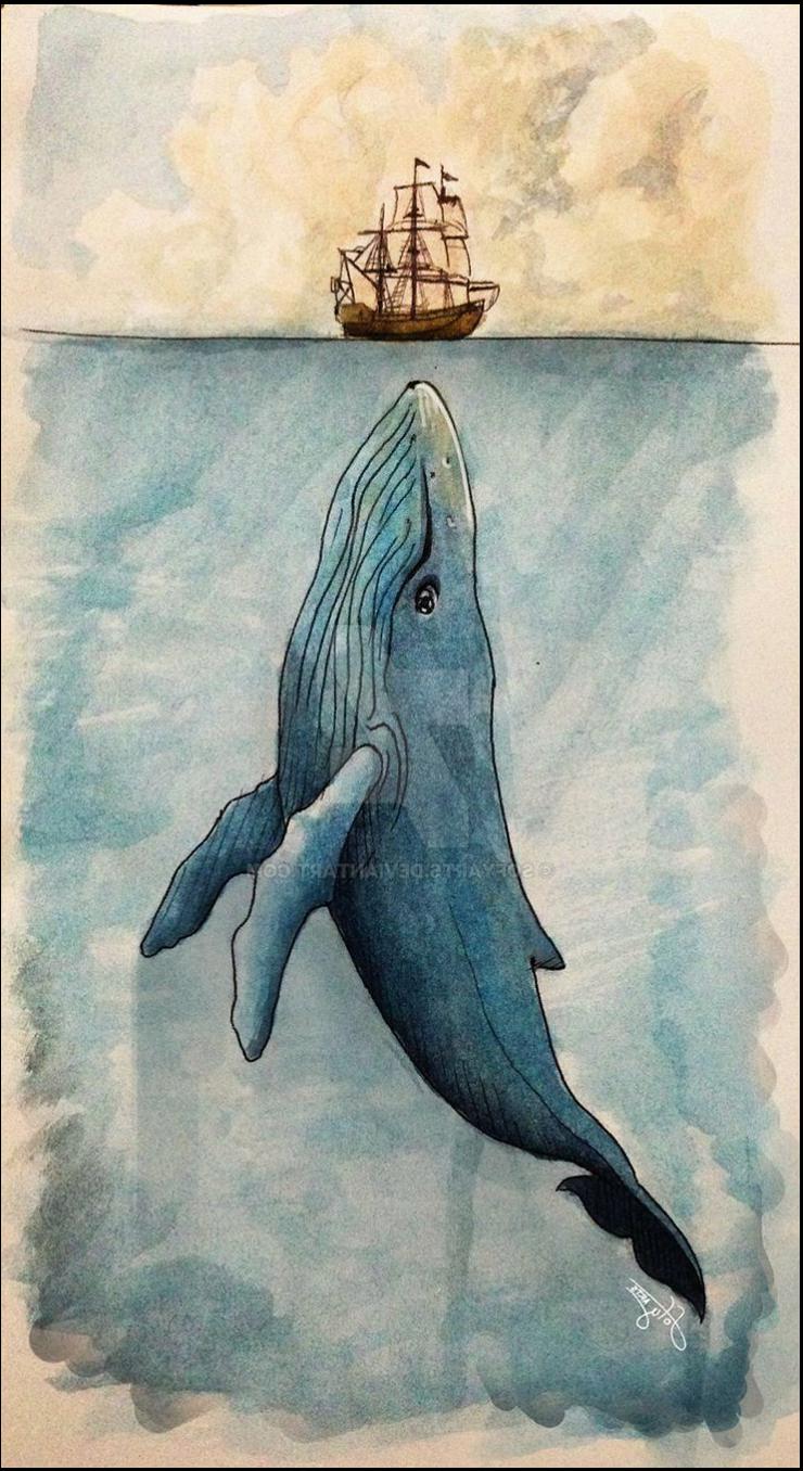 A blue whale is depicted underwater, with its head and part of its body above the waterline. A sailing ship is visible on the water above the whale's head. The artwork is signed "SOYAART.DEV".