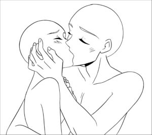 A black and white line drawing depicts two figures embracing and kissing. The figure on the left has bare shoulders, while the figure on the right has bare chest and hair. Both figures have stylized facial features and appear to be embracing.