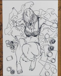 a painting of a man with a painting of a bear