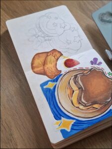 a plate of food with a picture of a dog on it