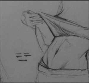 a painting of a person holding a white and black object