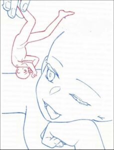 a painting of a painting of a woman on a blue and white striped wall