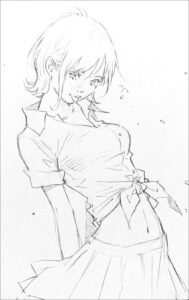 a painting of a person sitting on a white bench