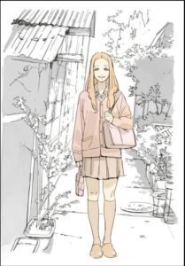 a woman in a red dress standing in front of a painting