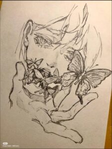 a painting of a man with a bird on his head