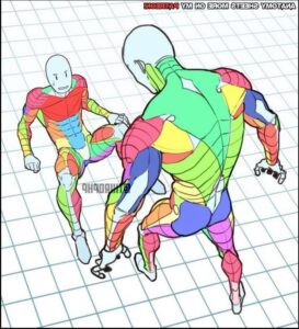 a cartoon of a man with a yellow shirt and a blue and white striped shirt