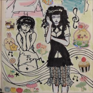 a painting of a woman with a cat on her head