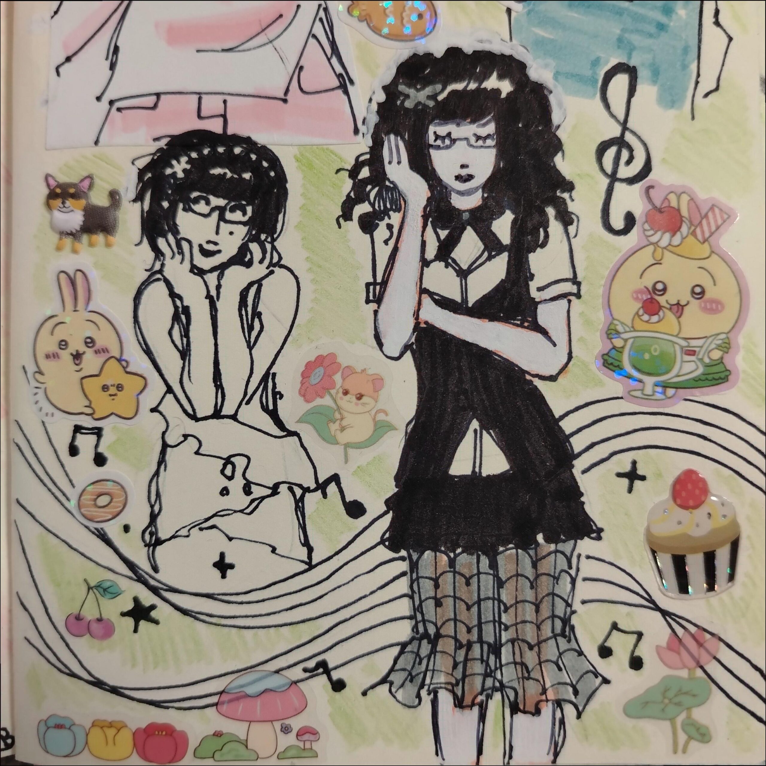 a painting of a woman with a cat on her head