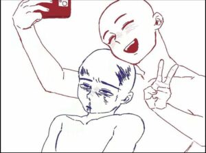 a painting of a man with a cat on his head