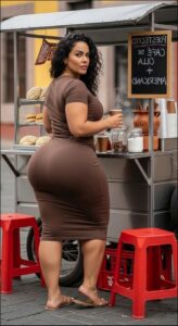 a woman is standing in front of a counter