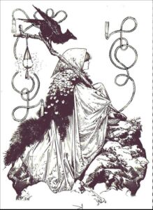 a painting of a man with a bird on his head