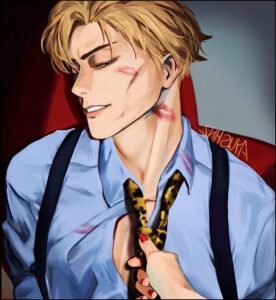 a woman wearing a blue tie and a red shirt