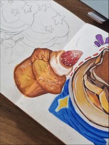 a painting of a person sitting on a bench