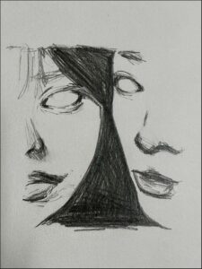 a painting of a woman with a black and white background