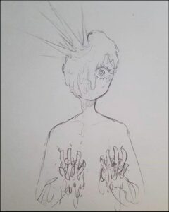 a painting of a man with a large, black head