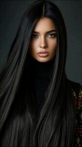 a woman in a black dress with a black headband