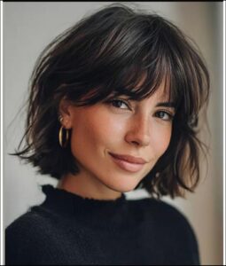 a woman with a black hair and a blue neck