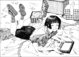 a woman laying on a bed with a cat