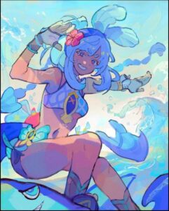 a painting of a woman holding a blue and white kite