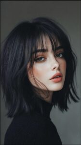 a woman with a black hair and a black nose