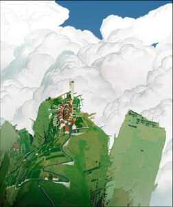 a large green flower in a field with a mountain