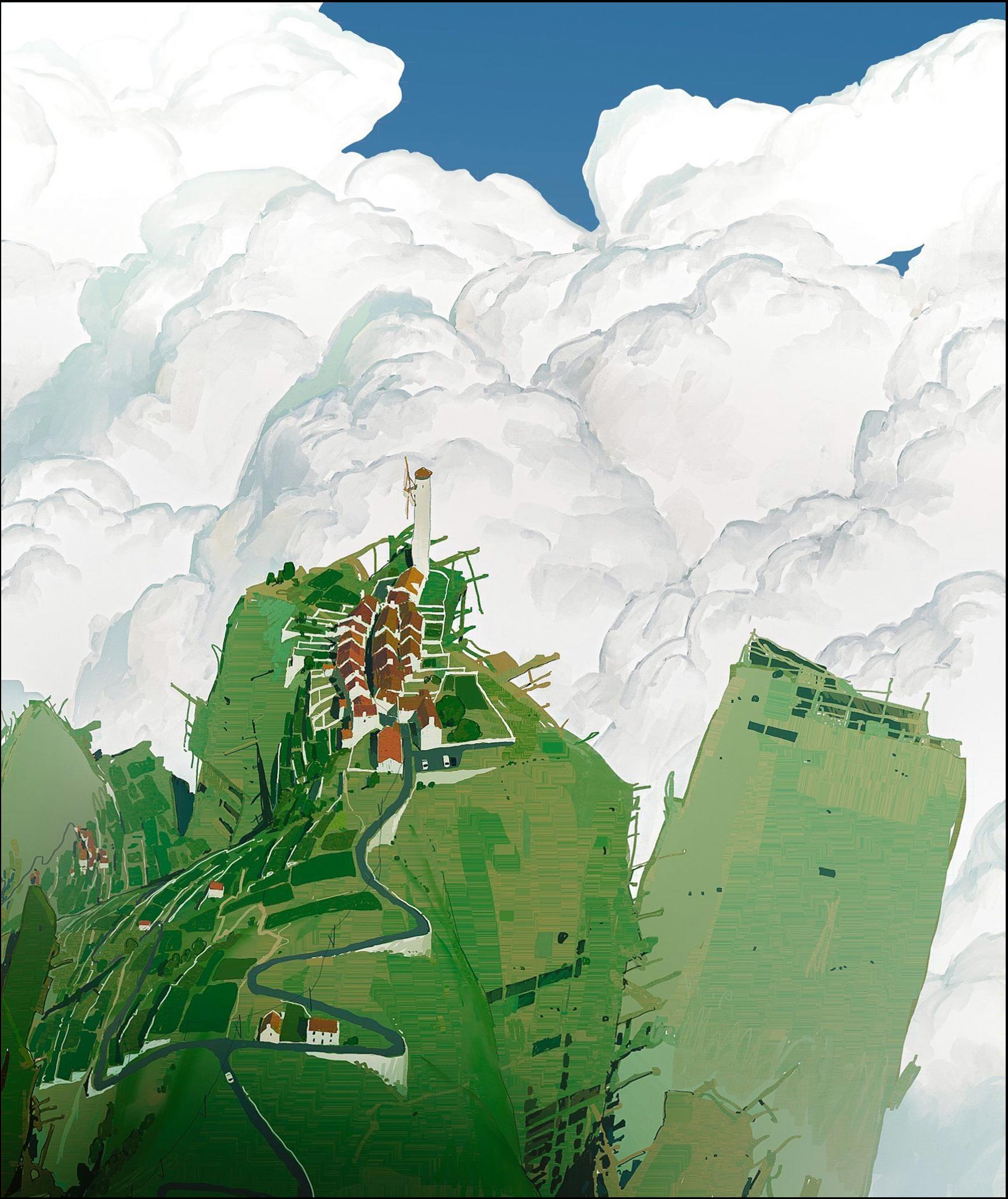 a large green flower in a field with a mountain