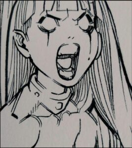 a painting of a man with a black and white striped shirt